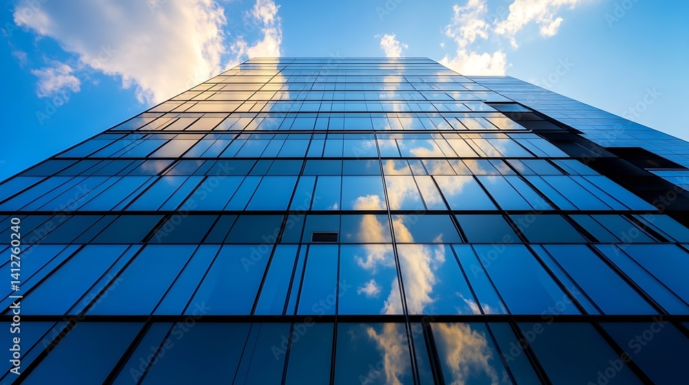 Aufkleber modern glass building reflecting blue sky and clouds with a unique architectural design : generative