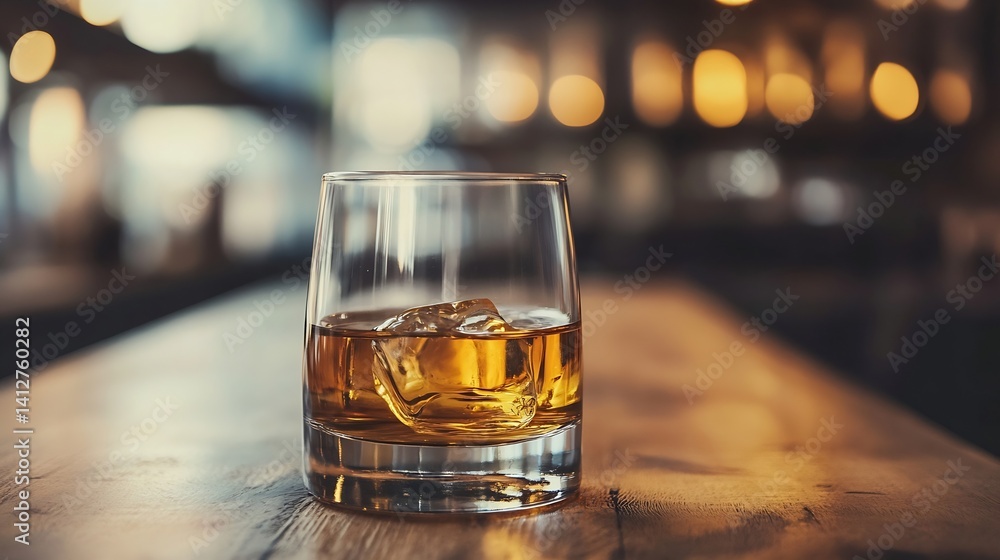 Poster classic whiskey glass with ice cubes on wooden bar table with blurred background : generative ai