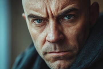 Close-up portrait of a serious bald man frowning and showing displeasure