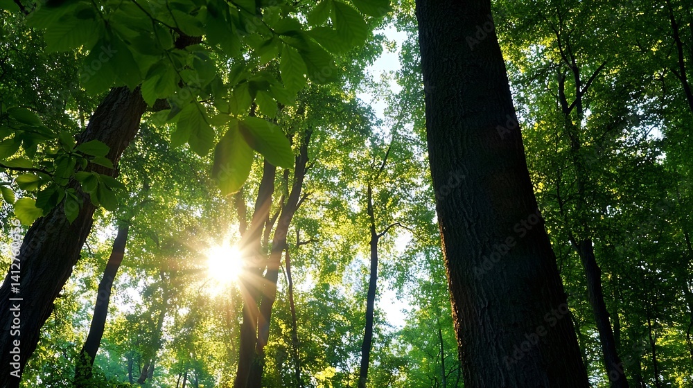 Poster stunning sunlight streaming through lush green tree canopy creating a magical forest atmosphere : ge