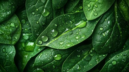 Fototapeta premium Background from fresh green spinach leaves with water drops. Texture of raw organic baby spinach close up. Food background
