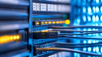 High Tech Data Center with Ethernet Cables and Server Racks Glowing in Blue Light : Generative AI