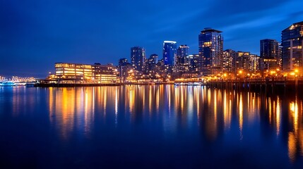 Obraz premium Stunning city skyline at night with reflections on calm water showcasing vibrant urban life : Generative AI