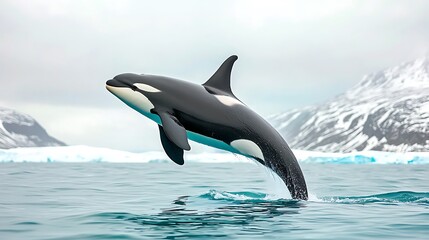 Fototapeta premium Orca leaping from blue water with snowy mountain backdrop. Majestic creature in motion