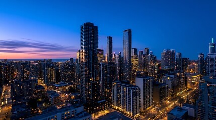 Obraz premium Stunning Urban Skyline at Dusk with Glittering Lights and Beautiful Sunset Above City : Generative AI