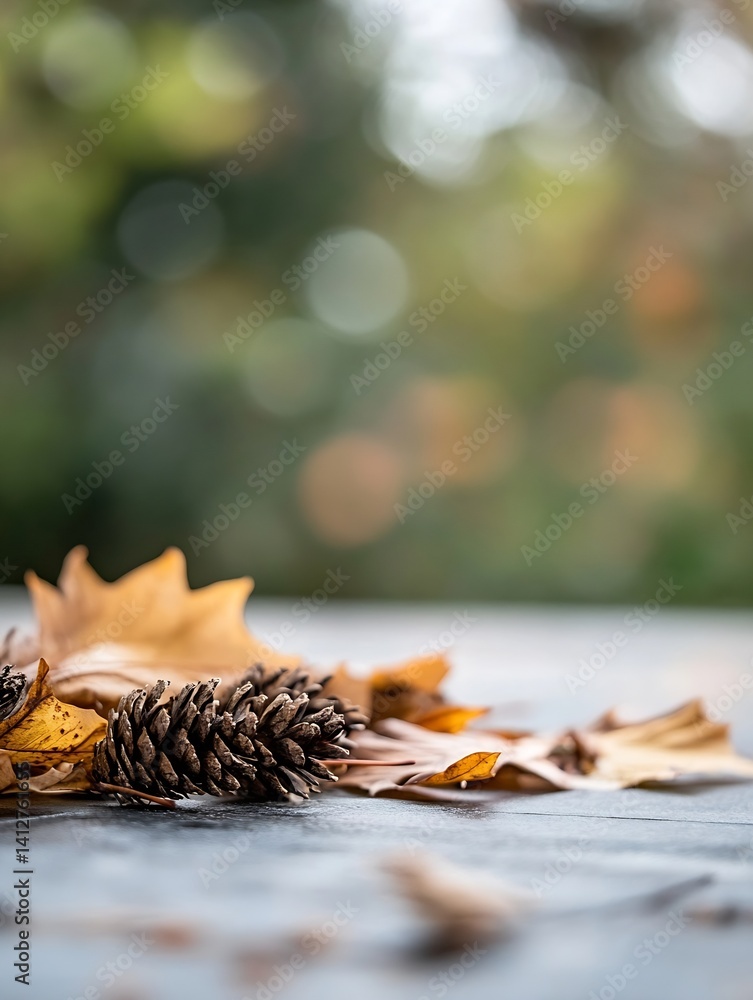 Poster close up of autumn leaves and pine cone on wooden table with blurred background : generative ai