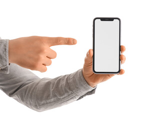 Man pointing at blank mobile phone on white background