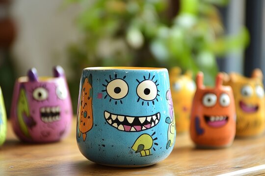Naklejki Colorful ceramic mugs with funny monster faces smiling on a wooden table