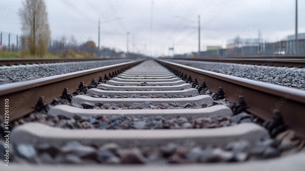 Poster Low perspective view of railway tracks stretching into the distance under a cloudy sky : Generative AI