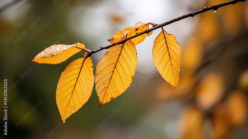 Aufkleber autumn leaves with rain drops on branch in vibrant yellow and orange : generative ai