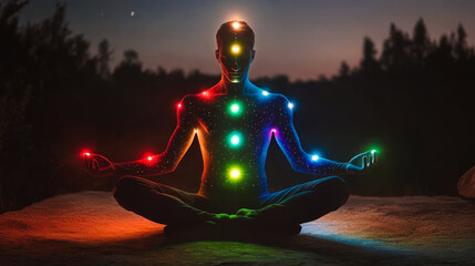 Silhouette of human practicing yoga meditation. Grounding technique to harvest the energy of the earth . Kundalini energy exercise . Human spirit with glowing seven all chakra. People healing concept