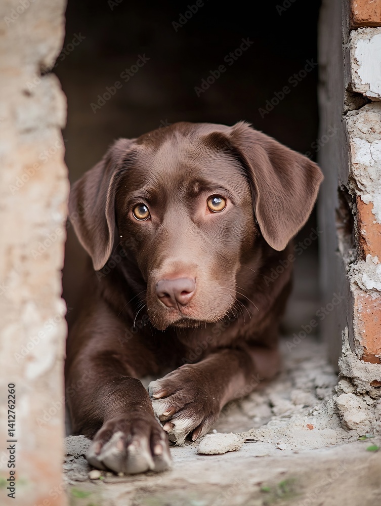 Poster adorable chocolate labrador dog posing relaxed in an urban environment with rustic walls : generativ