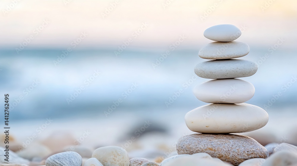 Poster balanced stack of smooth white stones on a beach with gentle ocean waves : generative ai