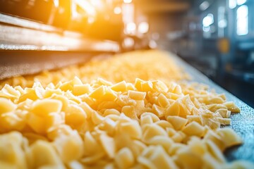 Freshly Produced Pasta in a Factory with Soft Glow Lighting