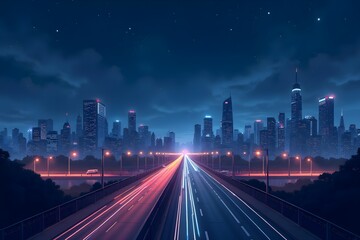 Fototapeta premium Midnight City with Glowing Bridges and Moving Traffic and Blank Space