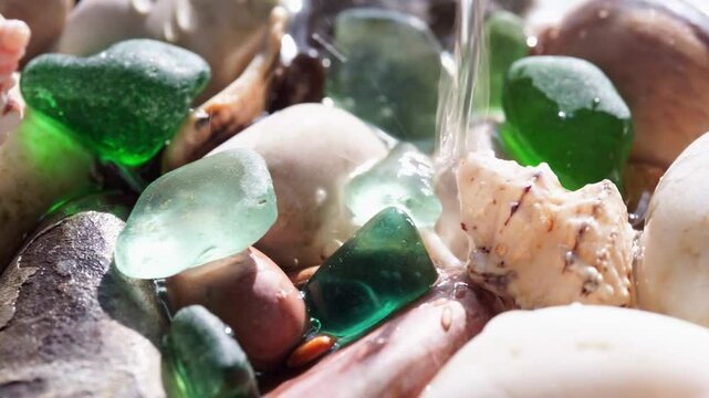 Exploring a sea glass beach filled with colorful stones and shells near the shoreline