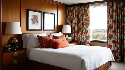 Fototapeta premium Elegant Hotel Bedroom with White Bedding and Floral Curtains