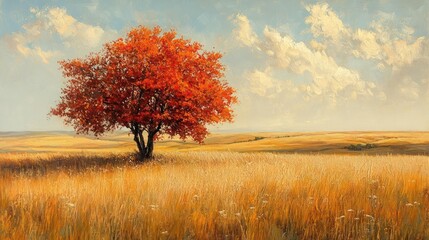 Fototapeta premium Autumnal landscape with solitary red tree in golden field