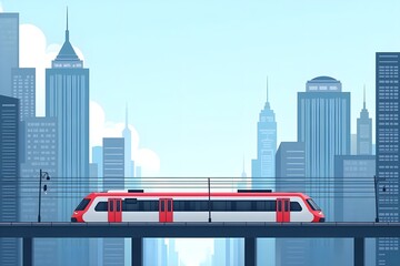 Train Passing Through a Modern City with Skyscrapers and Blank Space
