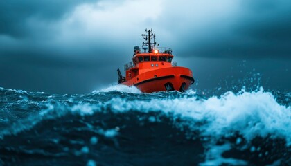 Stormy seas, red boat