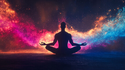 Silhouette of human practicing yoga meditation. Grounding technique to harvest the energy of the earth . Kundalini energy exercise . Human spirit with glowing seven all chakra. People healing concept