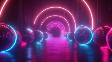 Obraz premium Futuristic Neon Tunnel with Glowing Spheres and Vibrant Reflections