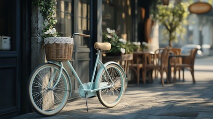 Charming vintage bicycle parked in front of a quaint cafe, evoking a sense of nostalgia and urban tranquility on a sunny afternoon