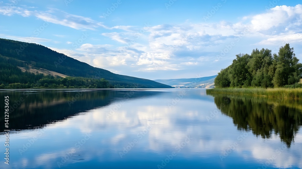 Poster serene lake landscape with blue sky and reflections of trees and clouds : generative ai