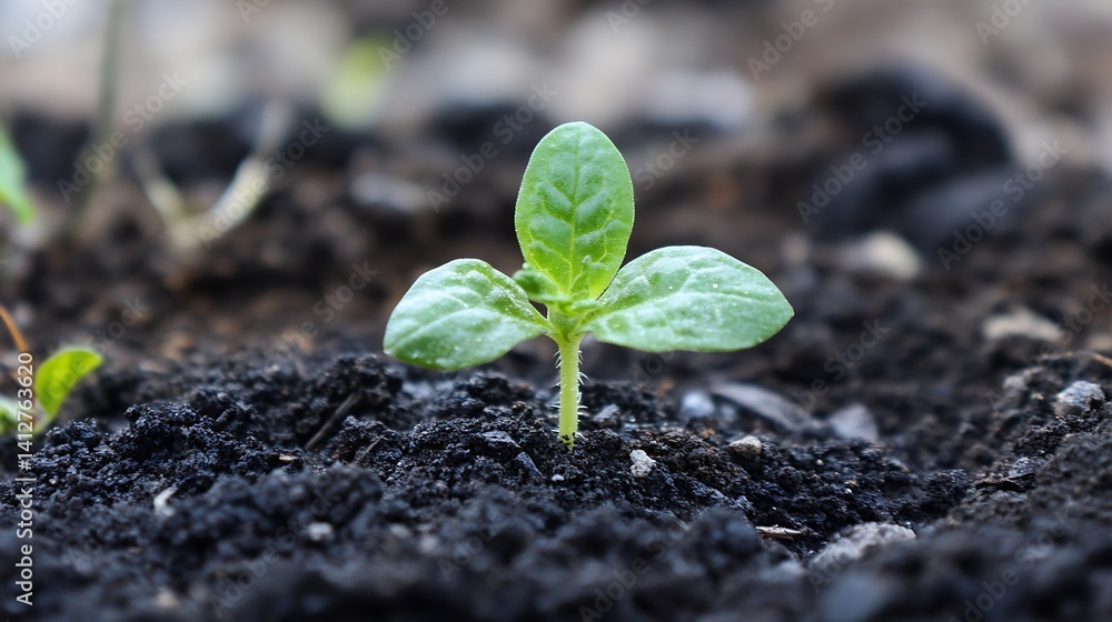 Poster close up of green seedling sprouting from dark soil in natural light with droplets : generative ai