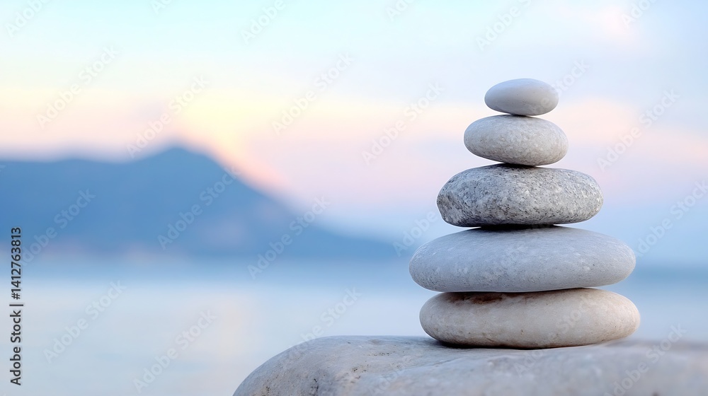 Poster stacked pebble stones with soft soft focus at seaside during sunrise : generative ai