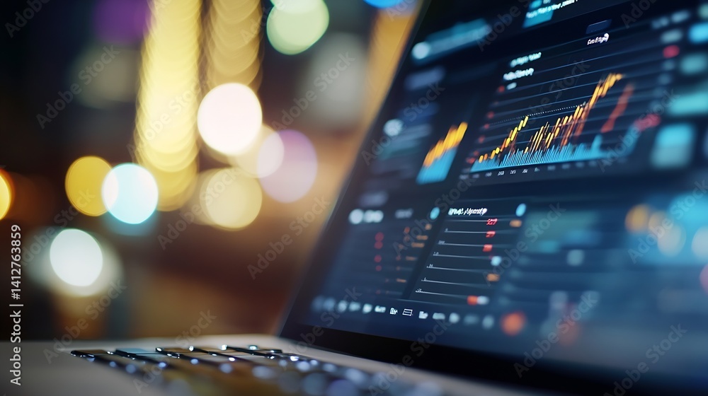 Poster business growth and financial data analytics on laptop screen with blurred city background : generat