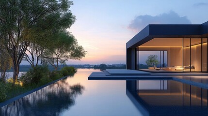 Modern Luxury House with Infinity Pool at Sunset