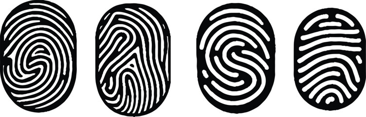 Collection of four black fingerprint. Vector illustration.