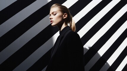 Striking portrait of a blonde woman in black against geometric stripes