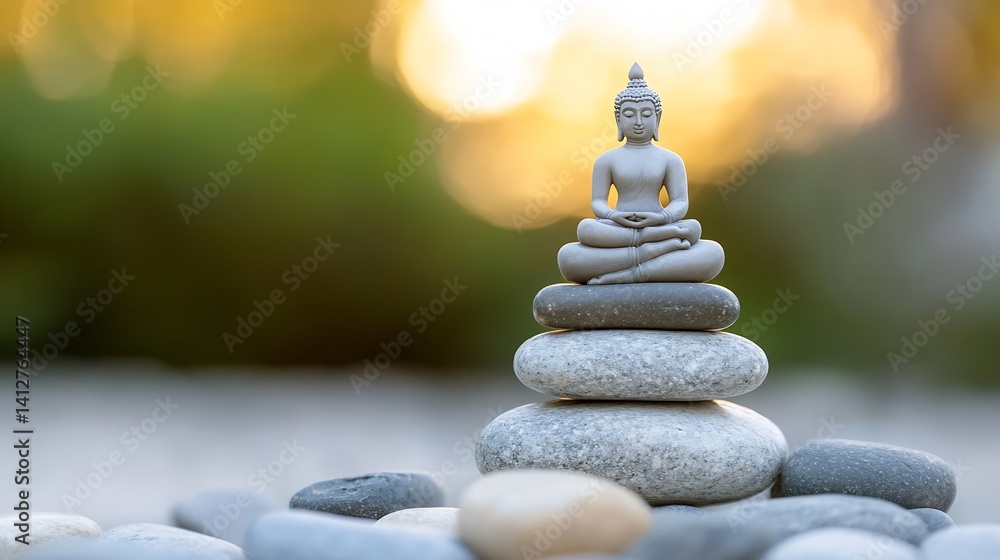 Aufkleber serene meditation buddha statue on stack of stones surrounded by soft natural light : generative ai