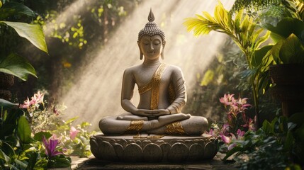 Obraz premium Serene Buddha: A serene stone Buddha statue sits in deep meditation amidst lush greenery, illuminated by ethereal sunlight filtering through the surrounding foliage, evoking a sense of peace.