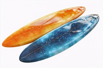 Obraz premium Vibrantly designed surfboards in cosmic color schemes, showcasing shades of orange and blue. Perfect for surf culture and art enthusiasts eager for a unique style.