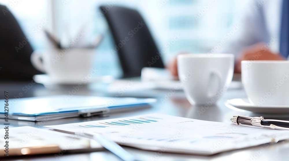 Poster professional business meeting with laptops and coffee cups on table surrounded by papers : generativ