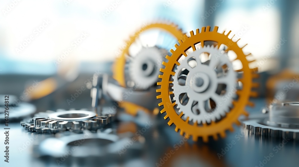 Poster mechanisms close up showcasing industrial gears and cogs in a bright workspace : generative ai