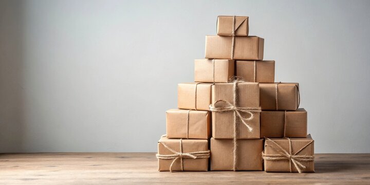 A pyramid of rustic brown packages tied with twine, arranged on a wood surface against a neutral backdrop