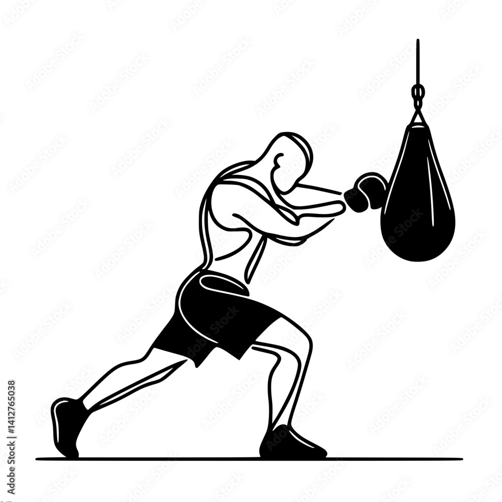 Poster boxer training with punching bag in dynamic action, single line vector