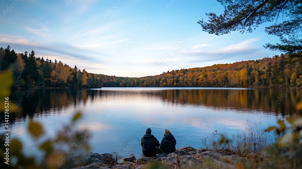Poster serene lake landscape with autumn foliage and two people enjoying the view in nature : generative ai