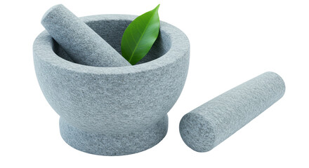Isolated Mortar and Pestle with Leaf