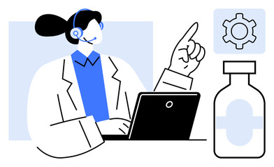 Female healthcare worker with headset, laptop, pointing to gear and vial. Ideal for telemedicine, healthcare innovation, medical advice, online consultation, pharmacy, technology simple landing page