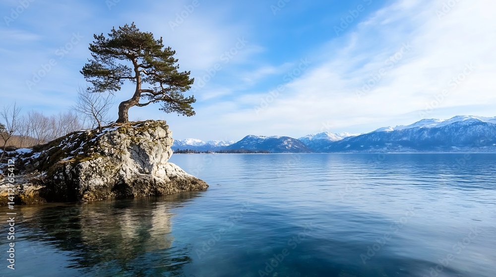 Poster stunning lonely pine tree on rock by calm blue lake with snowy mountains in the background : generat