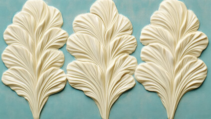 Three off-white, ornate leaf-shaped moldings on a blue background