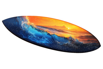 A stunning surfboard featuring a colorful ocean sunset design, highlighting bright orange and deep blue waves. Perfect for surfing enthusiasts and beach lovers.