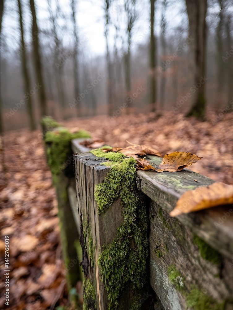 Poster lush moss covered wooden fence post in a serene foggy forest setting : generative ai