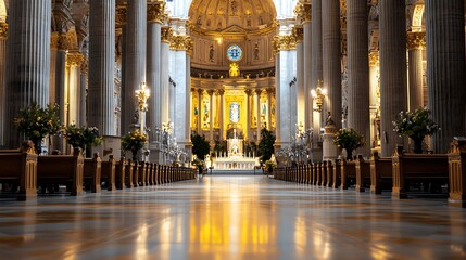 Ornate interior view Columns, pews, & golden accents lead to a central altar bathed in soft, ambient light