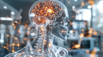 Obraz premium A brain is shown in a glass case with a light shining on it
